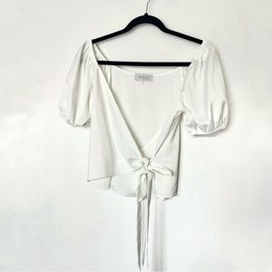 WAYF Faux Wrap Puff Short Sleeve Blouse Top